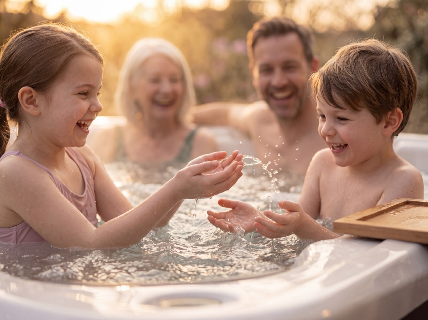 Drei Generationen im Whirlpool: Großmutter, Vater und zwei Kinder spielen lachend mit Wasser bei Sonnenuntergang