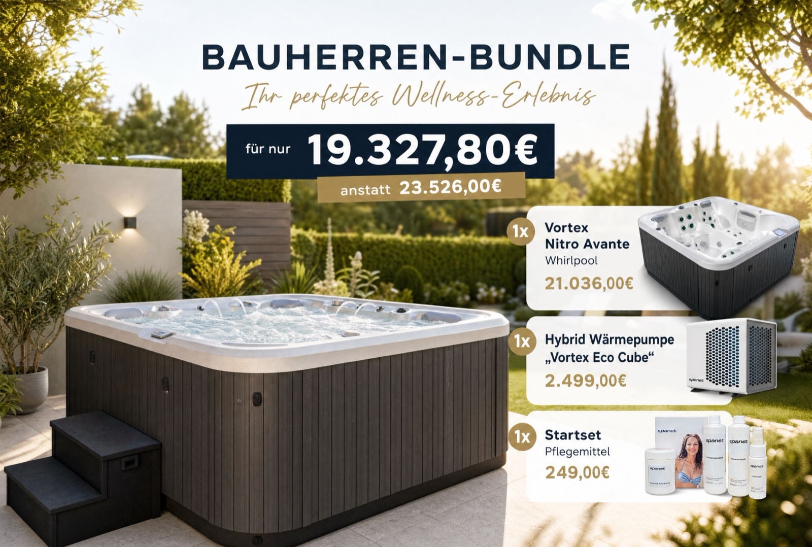 Bauherren-Bundle für 19.327,80 € anstatt 23.526,00 €. Enthält: Vortex Nitro Avante Whirlpool (21.036 €), Hybrid-Wärmepumpe Vortex Eco Cube (2.499 €), Startset Pflegemittel (249 €). Ersparnis: 4.198,20 €.