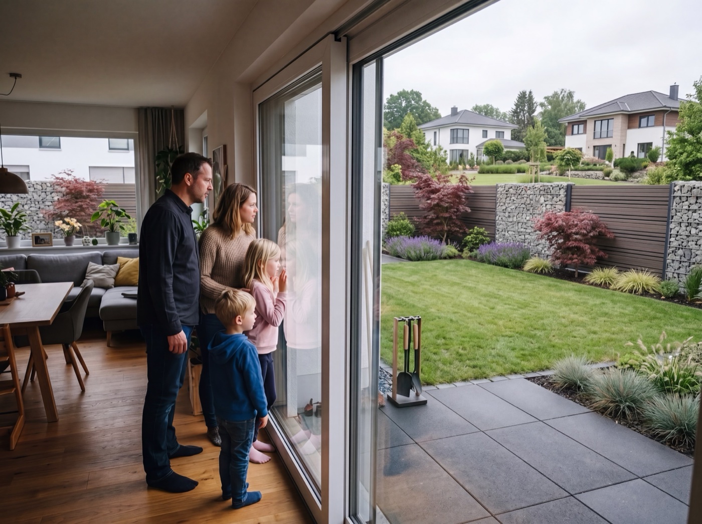 Familie schaut durch die Glastür auf den fertigen, aber leeren Garten